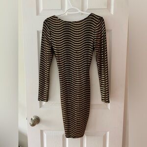 Olive Tree Long-Sleeved Low Back Black With Gold Sequins Fitted Dress - Size S